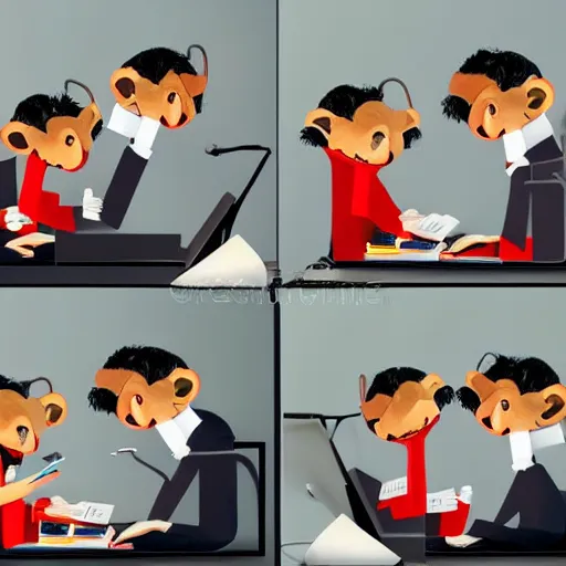 Image similar to 2 5 monkeys using computers, in a well lit office, happy monkey faces, ( ( modern paintings on the walls ) ), photorealistic, studio lighting, stock photo, a real buzz, very busy office, telephones ringing and people chatting