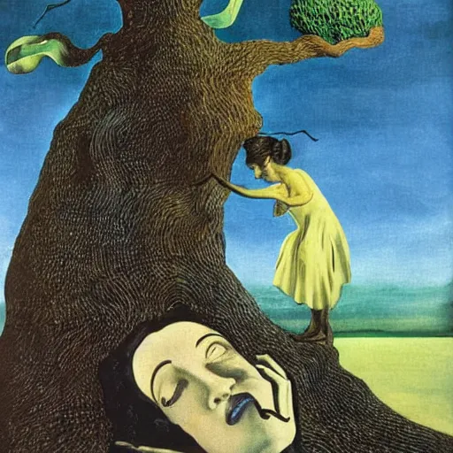 Image similar to Marie Curie hugging a tree by Salvador Dalí