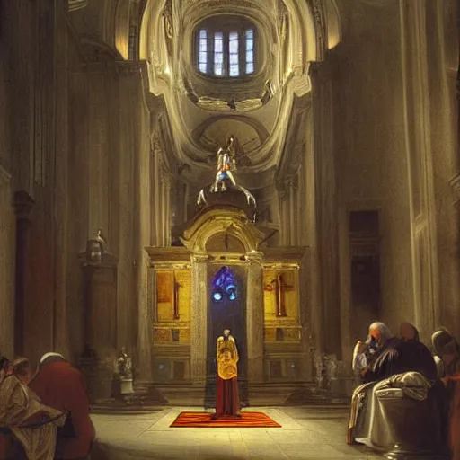 Prompt: a priest baptizing a cyborg in a vatican church wide - angle. holy light. painting.