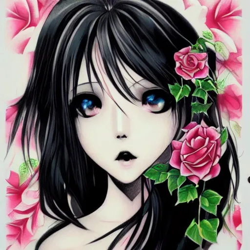 Image similar to tattoo design, stencil, beautiful japanese girls face framed by roses and ivy by artgerm, artgerm, cat girl, anime