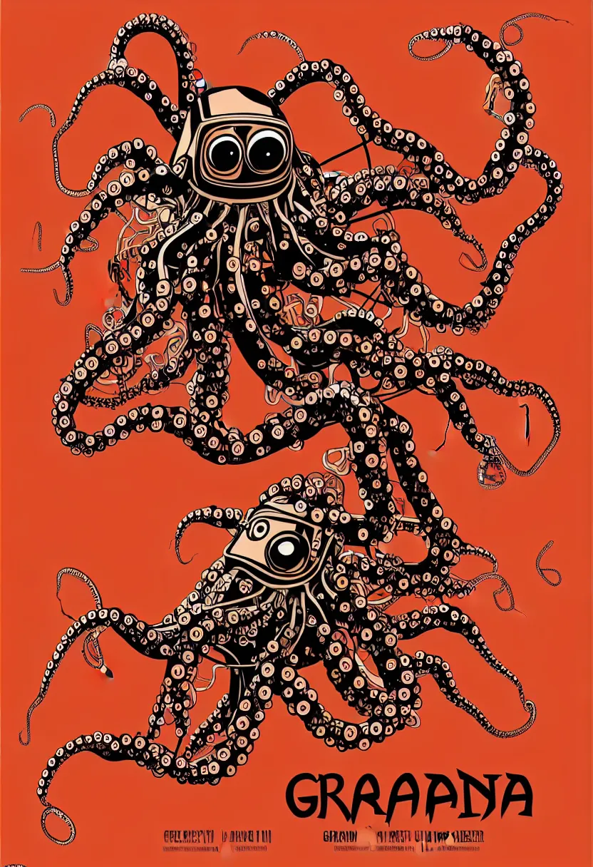 Image similar to concert poster for 'Grandpa Finger', dying robot octopus, vector art, 8k, highly detailed illustration