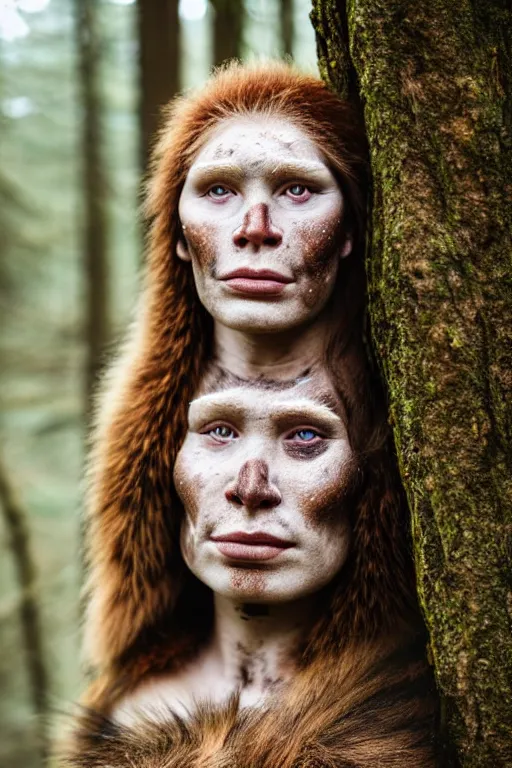 Image similar to a professional portrait photo of a gentle strong neanderthal woman in the forest in winter holding a spear, freckles and mud on face, black stripe painted side to side across her eyes, ginger hair and fur, extremely high fidelity, natural lighting,