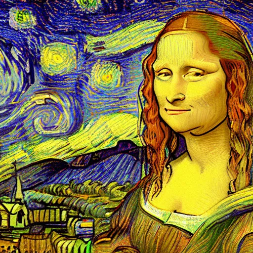 Prompt: pastel, mona lisa by van gogh, starry night, gaussian blur