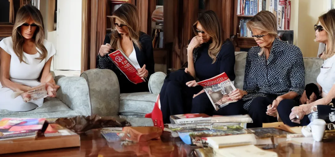 Image similar to melania trump nonchalant reading a magazine while people search her house, photograph,