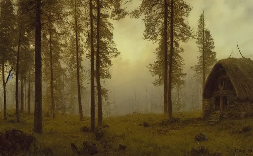 Image similar to Hagrid's hut landscape, early evening, mist, matte painting, dark forest, by Isaac Levitan and Vasily Perov