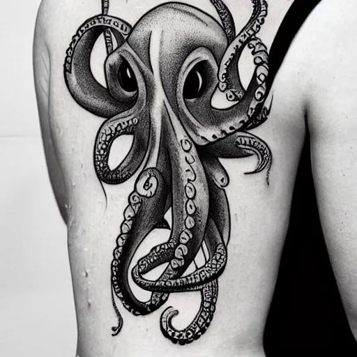 Prompt: a tattoo illustration of an evil octopus, cinematic, symmetric, digital art