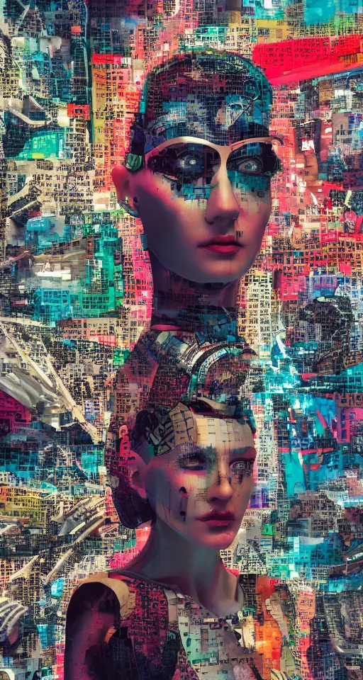 Prompt: Portrait of a Cyborg Queen, cyberpunk city back drop, Matrix Code Sky, collage art, mixed media, hypermaximalist, photo realistic, 8k