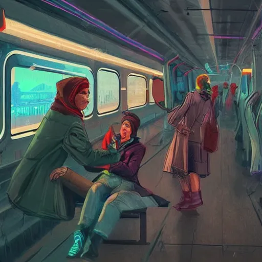 Image similar to fight between grandmas in the train moscow-ryazan, cyberpunk, neon, concept art