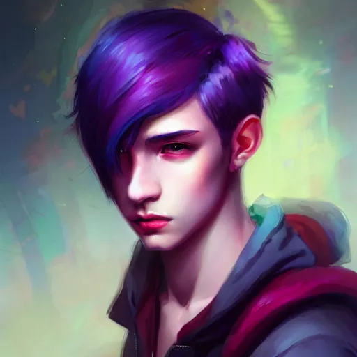 Image similar to colorful and festive captivating teenager boy with straight purple hair, purple eyes with red eye markers, slim body, wearing japanese combat clothes. rich vivid colors, ambient lighting, dynamic lighting, 4 k, atmospheric lighting, painted, intricate, highly detailed by charlie bowater