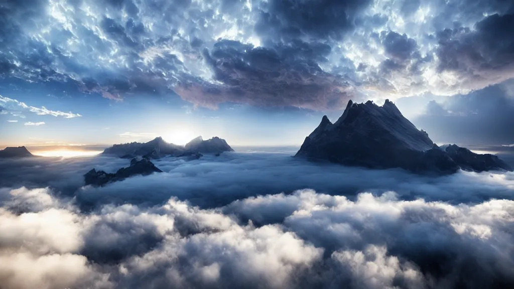 Image similar to amazing landscape photo of a sky island over the clouds by marc adamus, beautiful dramatic lighting