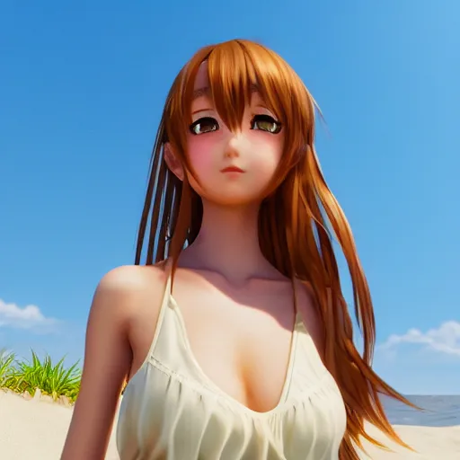 Image similar to Render of a very beautiful 3d anime girl, long hair, hazel eyes, full round face, short smile, cute sundress, golden hour, serene beach setting, medium shot, mid-shot, highly detailed, trending on Artstation, Unreal Engine 4k