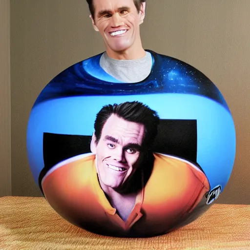 Image similar to a bowling ball carrier with a print of spherical jim carrey