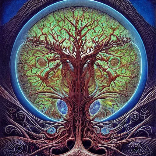 Prompt: tree of life by roger dean and andrew ferez, art forms of nature by ernst haeckel, divine chaos engine, symbolist, visionary, art nouveau, botanical fractal structures, lightning, surreality, lichtenberg figure