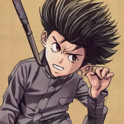 Prompt: young boy angry with pompadour hair, art by katsuhiro otomo, tetsuo hara, yusuke murata, jotaro kujo, japanese delinquent, similar to metal bat from one punch man, kuwabara hairstyle, akira kongou, banchou, action pose, manga cover