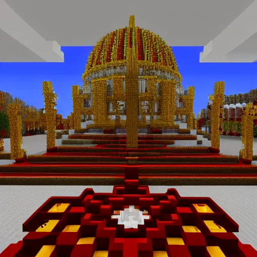 Prompt: minecraft build of a detailed interior of a domed cathedral with deep red black and gold accents, elaborate altar in the center with balconies along the side