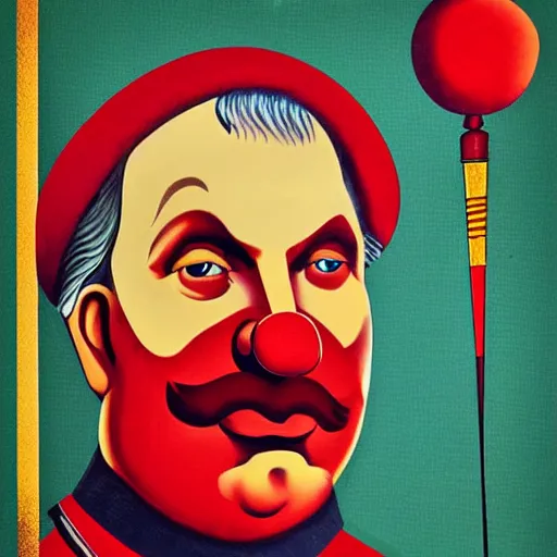 Prompt: communist clown portrait, propaganda art style, vivid colors