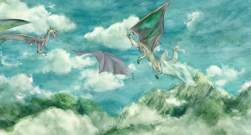 Prompt: ghibli style wallpaper, dragons flying in the sky, green pastures, pastel colors, faded, water color, painting