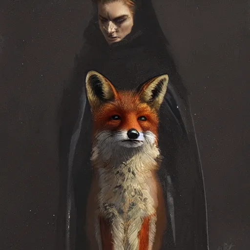 Prompt: A portrait of an anthropomorphic fox in a black robe by Greg Rutkowski, artstation, 8k, Norman Rockwell