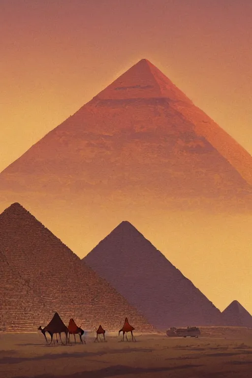 Prompt: beautiful Pyramids of Giza, Caravan of camels, by studio ghibli painting, superior quality, masterpiece, traditional Japanese colors, by Grzegorz Rutkowski, concept art