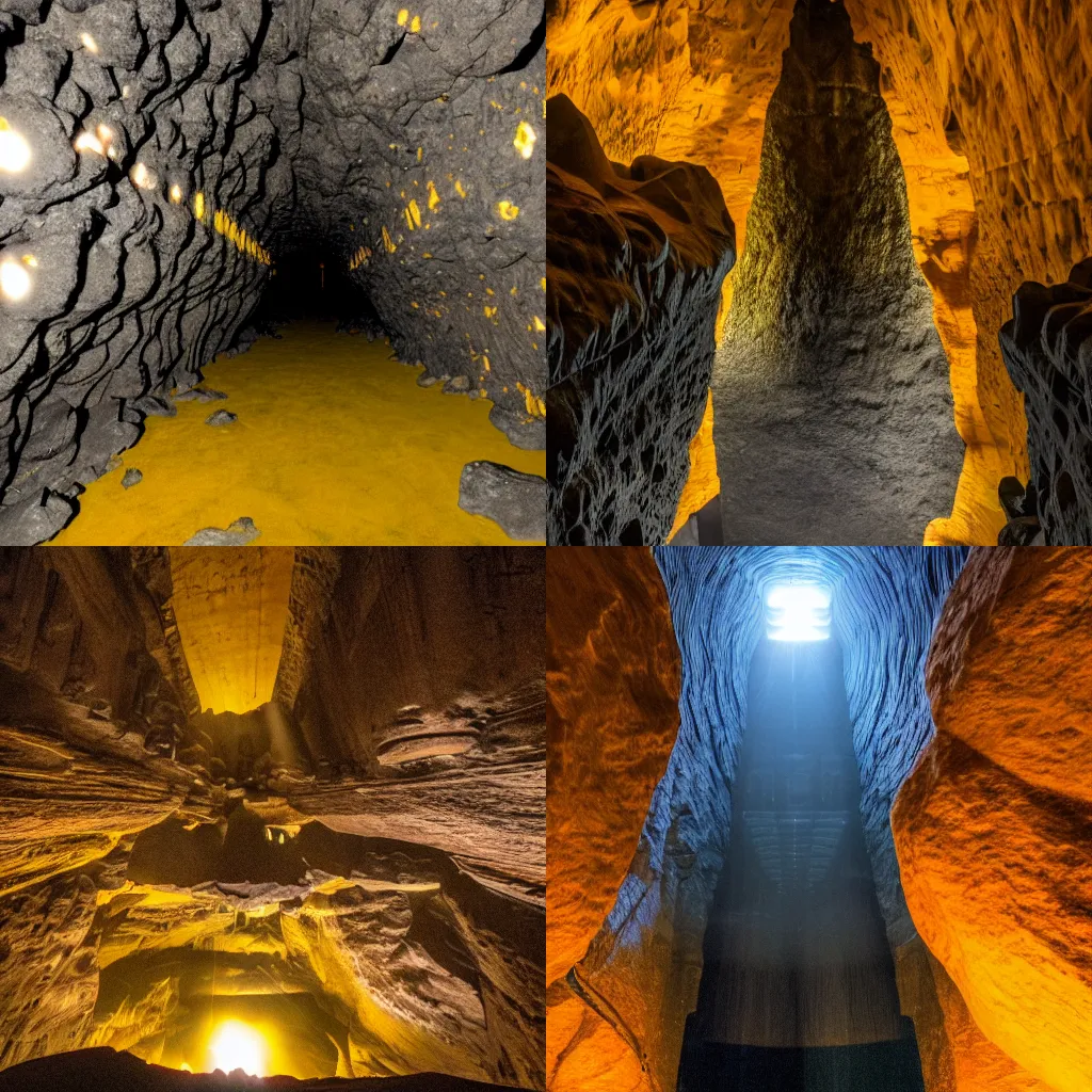 Prompt: photo of inside a giant dark rock cavern, which inside has a giant orange glowing humanoid, next to a giant skyscraper with thousands of floors and bright yellow windows