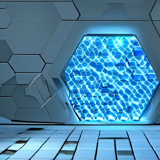 Image similar to a blue hexagonal door from the movie tron : legacy