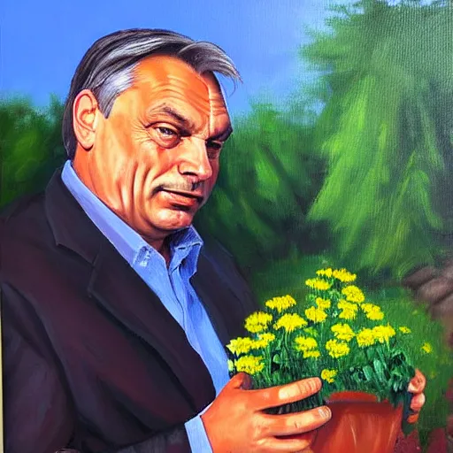 Image similar to viktor orban gardening, oil painting