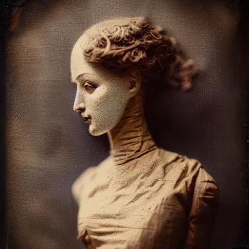 Image similar to tintype vintage photograph medium shot portrait of a beautiful female jointed handmade wooden art doll, made of wood!!!!!, by agostino arrivabene, by fernand khnopff, volumetic lighting, rendered in octane, photography, photorealistic, detailed