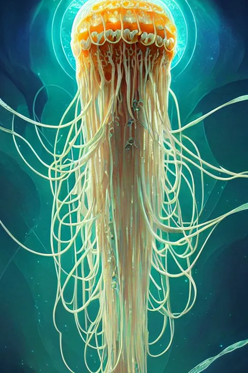 Image similar to beautiful spaghetti jellyfish warrior, ethereal art deco, fantasy, intricate art deco pasta designs, elegant, highly detailed fractals, sharp focus, art by artgerm and beeple and greg rutkowski and wlop