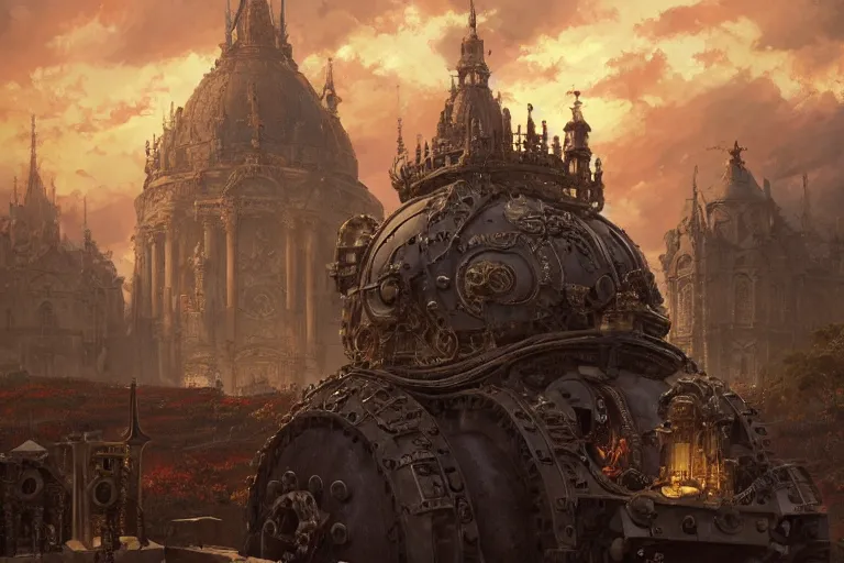 Image similar to an ornate baroque church with tank chains, mortal engines, scene in an open field. key visual, conceptart, ambient lighting, highly detailed, digital painting, artstation, concept art, sharp focus, by makoto shinkai and akihiko yoshida and greg manchess