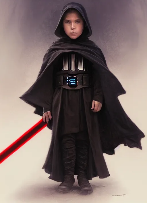 Image similar to perfectly - centered - portrait of a kid wearing black cloak holding light saber, intricate, highly detailed, digital painting, artstation, concept art, smooth, sharp focus, illustration, unreal engine 5, 8 k, art by artgerm and greg rutkowski and alphonse mucha and sam spratt