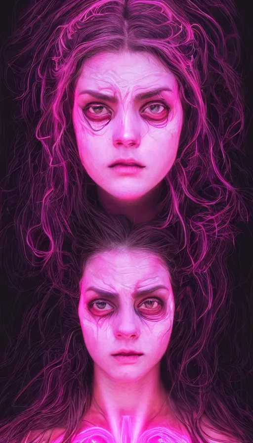 Prompt: door to the soul, furious gorgeous woman, glowing pink black hair, face covered in dirt, lord of the rings ,neon, fibonacci, sweaty, insane, intricate, highly detailed, digital painting, artstation, concept art, smooth, sharp focus, illustration, Unreal Engine 5, 8K, art by artgerm and greg rutkowski and alphonse mucha