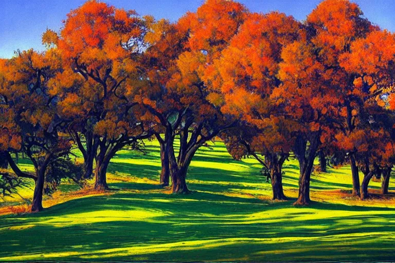 Prompt: masterpiece painting of oak trees on a hillside overlooking a creek, dramatic lighting, by wayne thiebaud