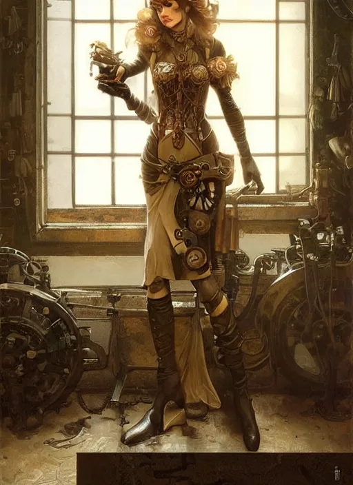 Image similar to woman model, steampunk!!!, neutral colors, in a bedroom!!!!!!!!!, backlit, elegant, highly detailed, digital painting, artstation, concept art, smooth, sharp focus, illustration, art by krenz cushart and artem demura and alphonse mucha