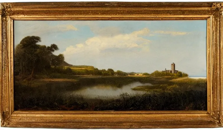 Prompt: A serene landscape with a singular building in the style of John Frederick Kensett.