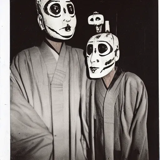 Image similar to photograph of a haunted noh theater, creepy, dark, foreboding, candlelight