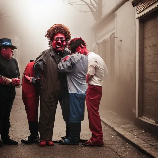 Image similar to an old 5 0 mm photo of a group of men putting on clown makeup in a dark foggy alley