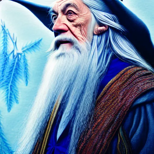 Image similar to exobiology Gandalf gathers his last mana, colored pencils, hyper realistic, hyper detailed, realistic picture, high angle shot, Long shot, by Yves klein, 4k post-processing highly detailed,