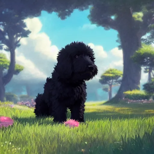 Prompt: a wholesome animation key shot of a black bernedoodle puppy, studio ghibli, sharp, rendered in unreal engine 5, anime key art by greg rutkowski, bloom, dramatic lighting