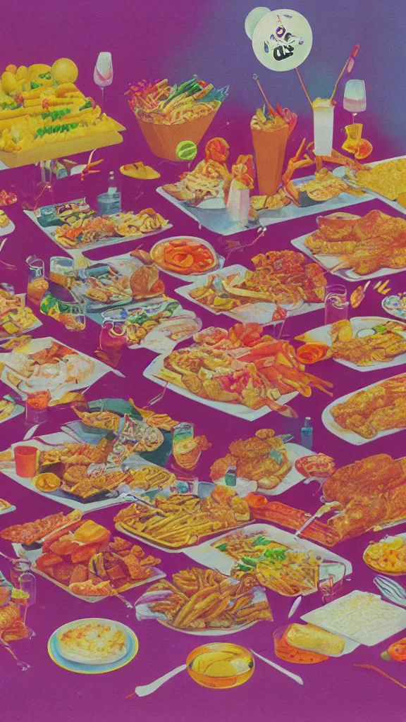 Prompt: 1 9 8 0 s airbrush surrealism illustration of a spread of party food, by ryo ohshita