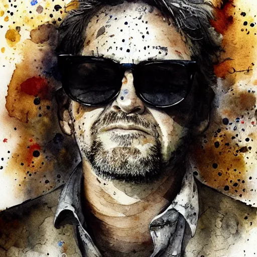 Prompt: middle-aged guy with sunglasses by Jean-Baptiste Monge, post processing, painterly, book illustration watercolor granular splatter dripping paper texture. Trending on artstation, post processing, pen and ink work. sharp focus