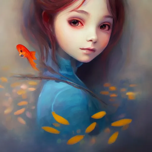 Prompt: Beautiful portrait of a young beautiful girl with goldfish eyes, in a romantic romantic setting on a painting by Miyazaki, artstation trending, painterly, 8k