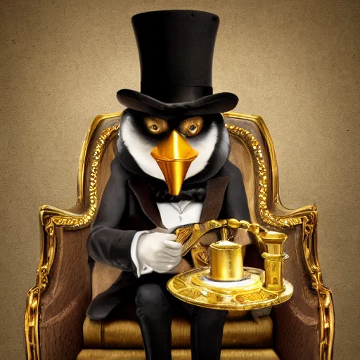 Prompt: oil painting of grumpy rich steampunk penguin, sitting in fancy chair, wearing top hat, holding gold watch, steampunk factory background, sharp focus, fantasy style, octane render, volumetric lighting, 8k high definition, by greg rutkowski, highly detailed, trending on art Station, magic the gathering artwork, centered, deviantart,