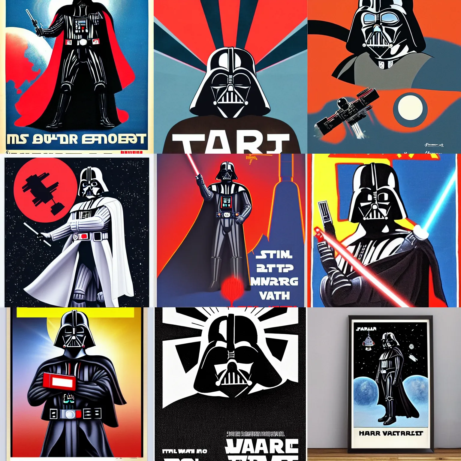 Prompt: Darth Vader in Soviet space propaganda poster