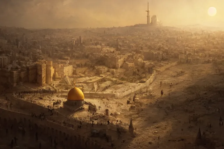 Prompt: jerusalem city on the moon, matte painting, long shot, concept art, wide shot, digital art, trending on artstation, 4 k, extremely detailed, realistic, midday, warm colors, golden sunlight, by greg rutkowski, cinematic, epic