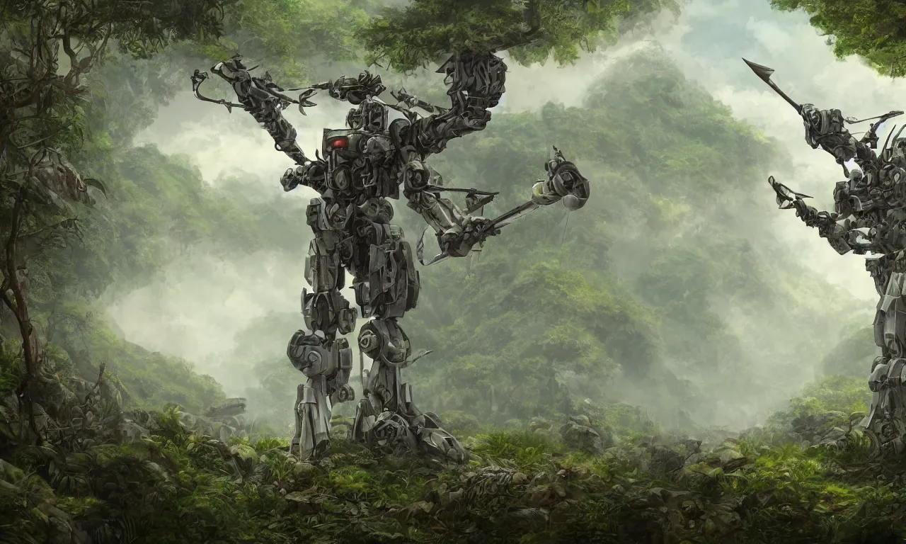 Image similar to A detailed matte painting of a mecha archer in the jungle, by Carne Griffths, Brian Despain, artstation