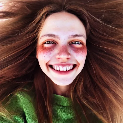 Prompt: beautiful hyperrealism hyperdetailed selfie of a cute young woman smiling softly, long light bronze brown hair, flushed face, red blush, light freckles, soft features, emerald green eyes, 8 k, sharp focus,