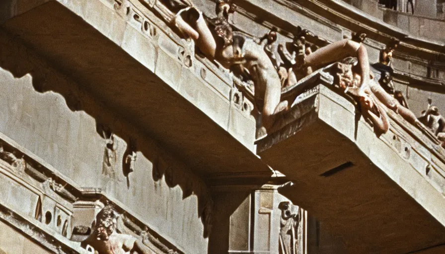 Image similar to 1 9 6 0 s movie still close - up of caligula laying dead on the ancient amphitheater's stairs wounded on the torso, cinestill 8 0 0 t 3 5 mm, high quality, heavy grain, high detail, dramatic light, anamorphic