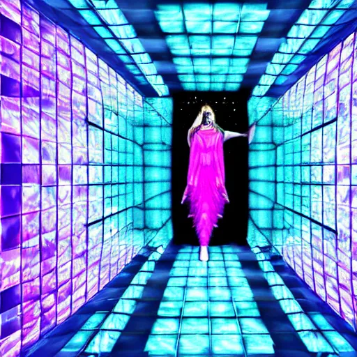 Prompt: divine feminine goddess descending down a hallway of light inside a fractal hypercube