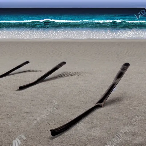 Prompt: two long chinese fying pans on a beach, photorealistic, 8k