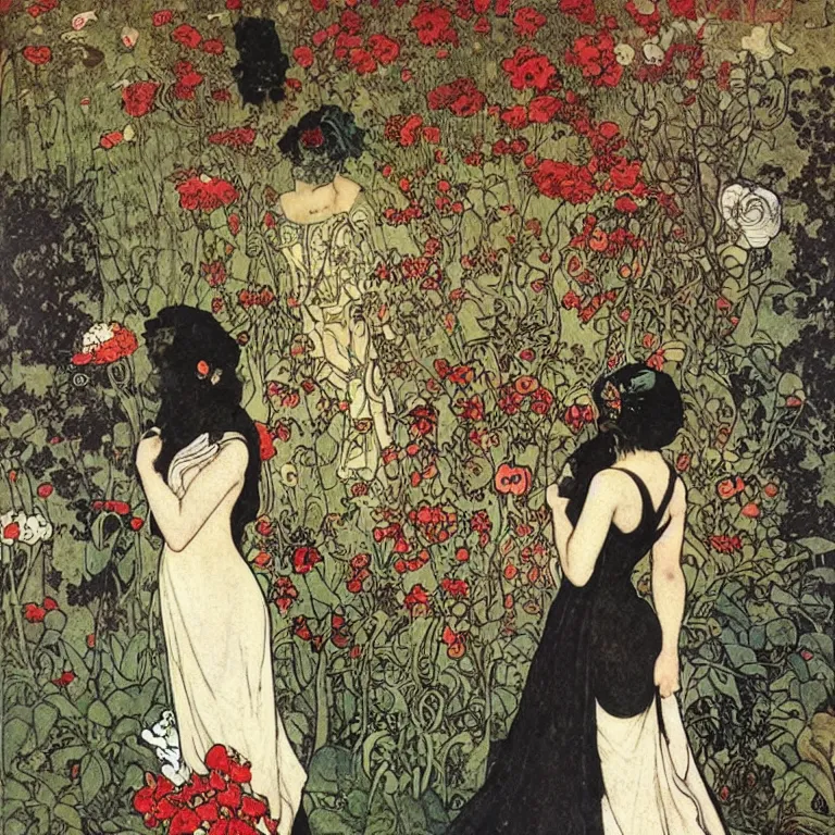 Image similar to Woman standing in a black dress, black and red lips and white hair, she is standing in a garden with flowers and birds Anton Pieck,Jean Delville, Amano,Yves Tanguy, Alphonse Mucha, Ernst Haeckel, Edward Robert Hughes,Stanisław Szukalski and Roger Dean